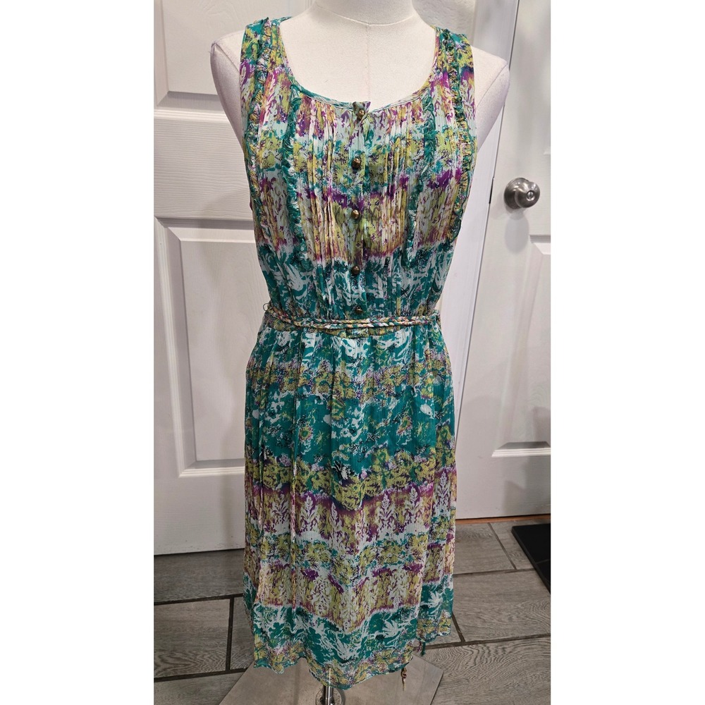 ECI New York 100% Silk Abstract Print Pleated Midi Dress Teal Purple Size 4